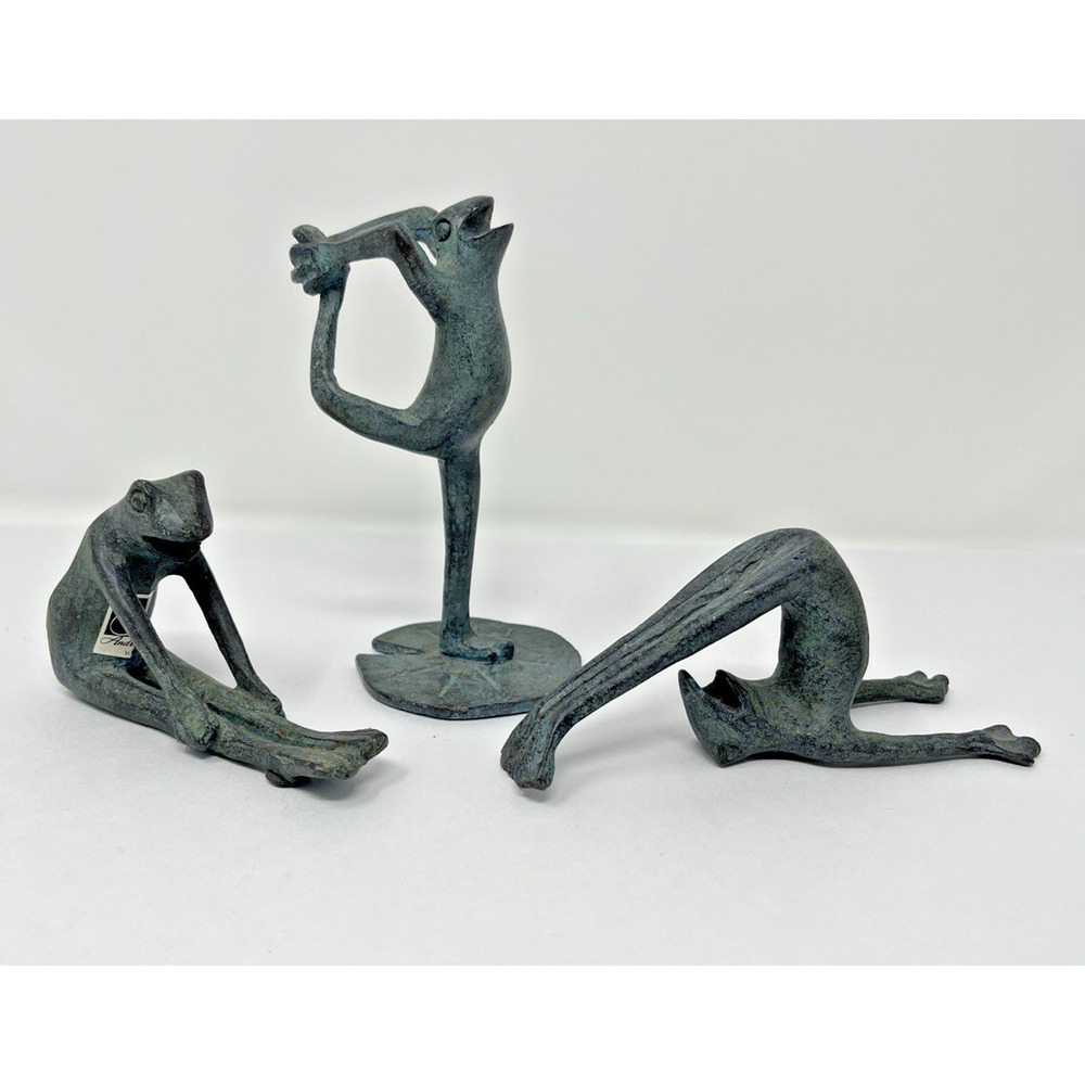 Vintage Yoga Frog Set Of 3 Whimsical Verdigris Frogs Andrea by Sadek Cast Metal